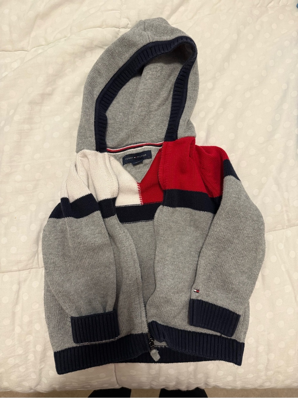 Tommy Hilfiger Grey Hooded Knit Jacket with Red, Navy & White Stripes